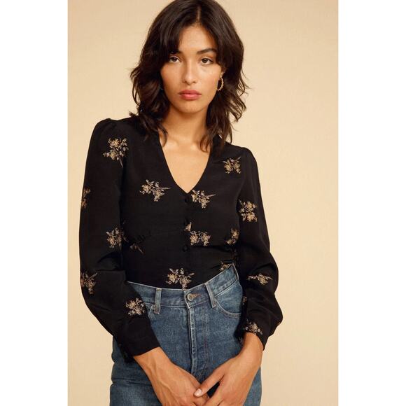 Rouje Black Floral Blouse with White Collar - Picture 2 of 8